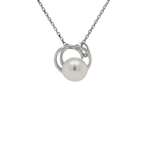 Finnies The Jewellers 9ct White Gold Freshwater Pearl and Diamond Swirl Pendant