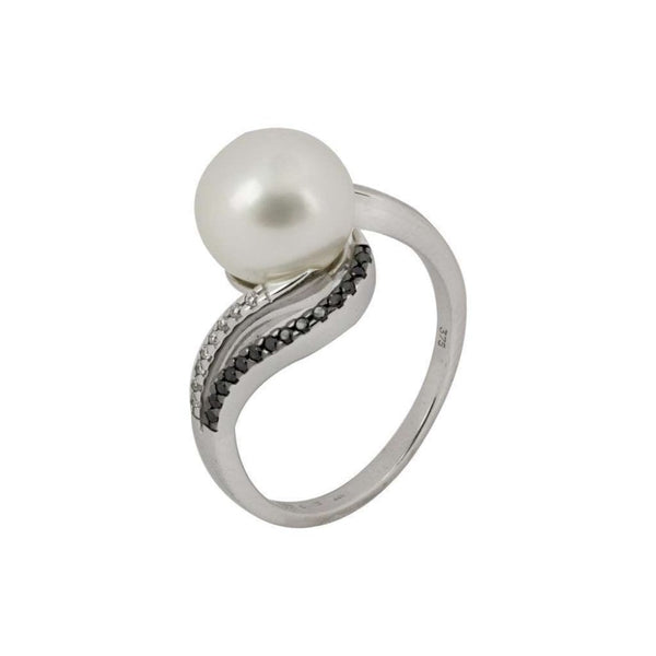 Finnies The Jewellers 9ct White Gold Freshwater Pearl & Black Diamond Twist Ring
