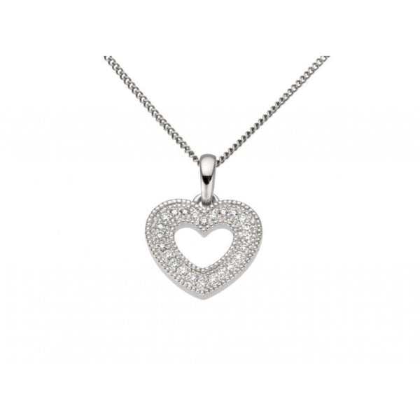 Finnies The Jewellers 9ct White Gold Grain Set Diamond Beaded Edged Heart Pendant 0.12