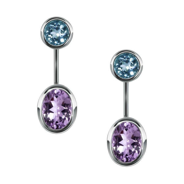 Finnies The Jewellers 9ct White Gold Round Blue Topaz and Oval Amethyst Bar Earrings