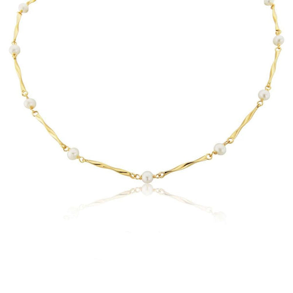 Finnies The Jewellers 9ct Yellow Gold Cultured Pearl & Twisted Bar Link Necklace 16