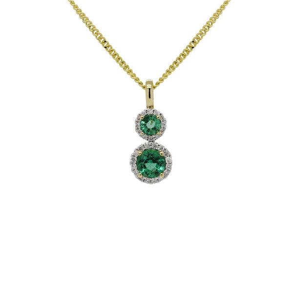 Finnies The Jewellers 9ct Yellow Gold Diamond and Emerald Set Double Halo Pendant