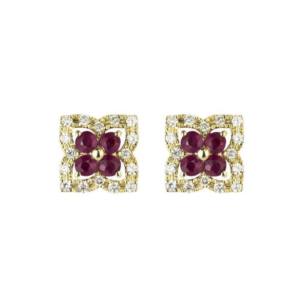 Finnies The Jewellers 9ct Yellow Gold Diamond and Ruby Flower Stud Earrings