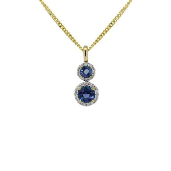 Finnies The Jewellers 9ct Yellow Gold Diamond and Sapphire Double Halo Drop Pendant With 16