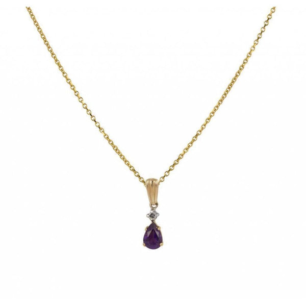 Finnies The Jewellers 9ct Yellow Gold Diamond Pear Shaped Amethyst Pendant