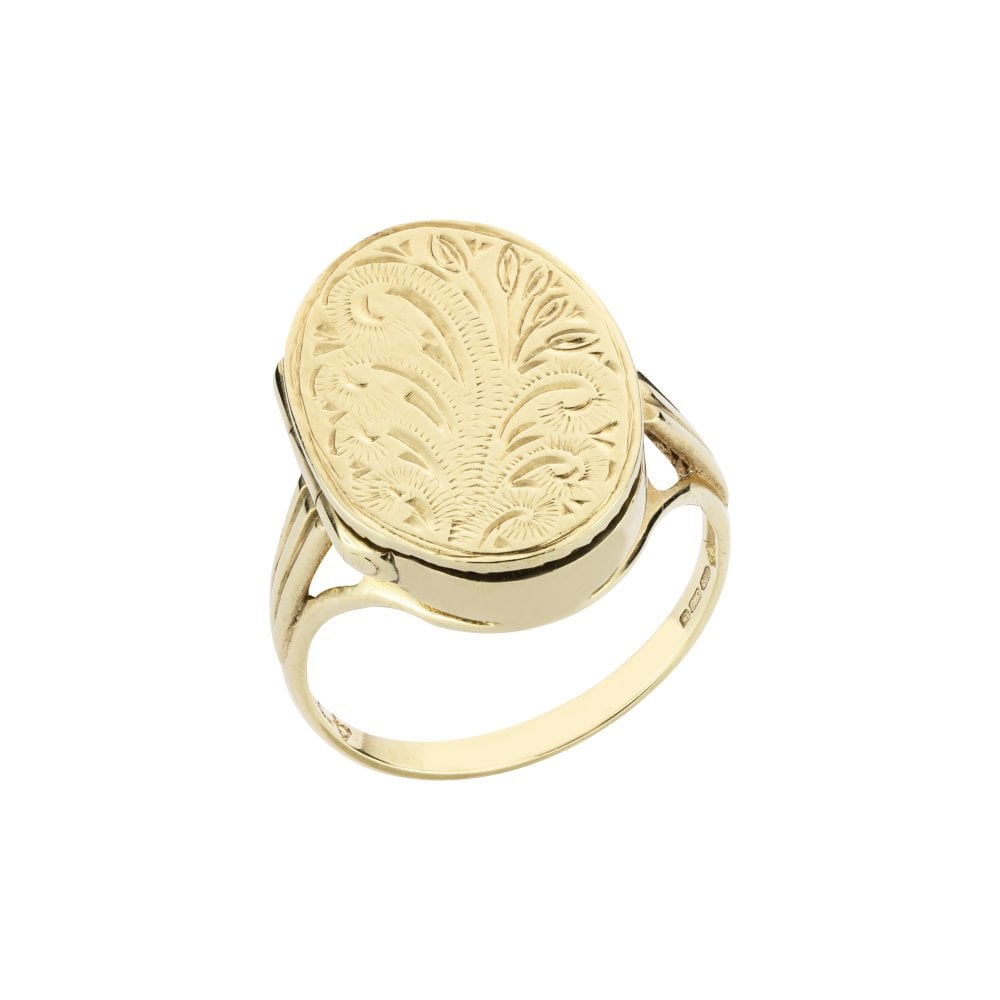 9ct Yellow Gold Engraved Oval Locket Ring