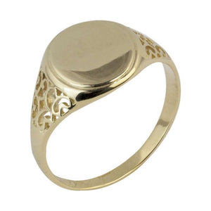 Finnies The Jewellers 9ct Yellow Gold Round Signet Ring with Patterned Shoulders