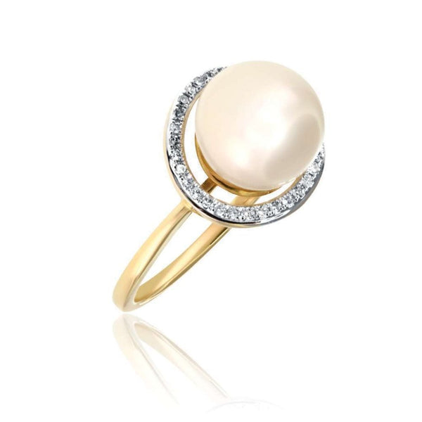 Finnies The Jewellers 9ct Yellow Gold Swirl of Diamond Halo and Freshwater Pearl Ring