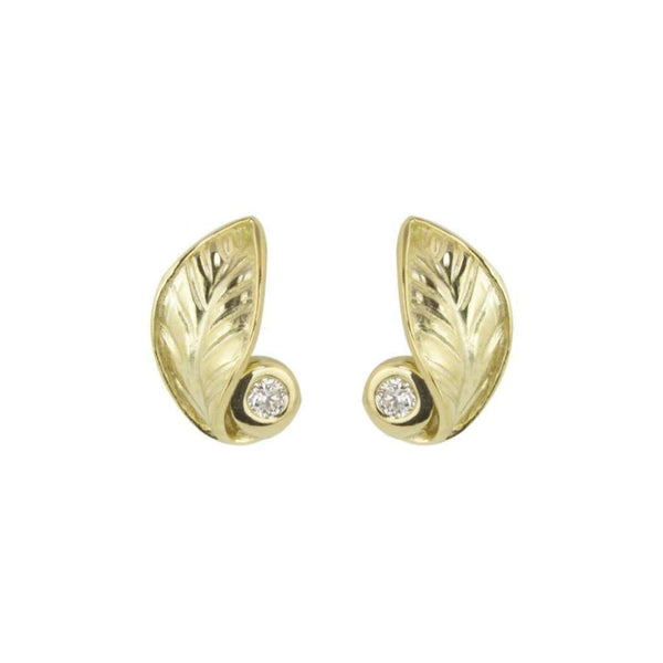 Finnies The Jewellers 9ct Yellow Rubover Diamond Leaf Design Stud Earrings