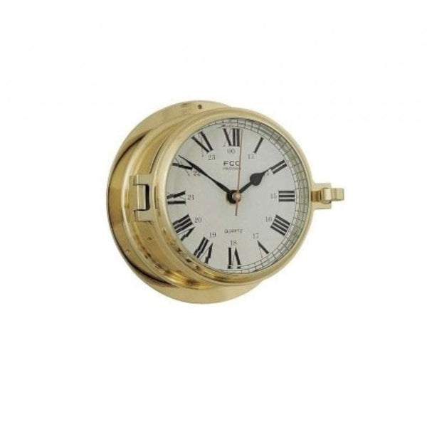 Finnies The Jewellers Cast Brass Hinged Door Style Clock on Wooden Wall Plinth