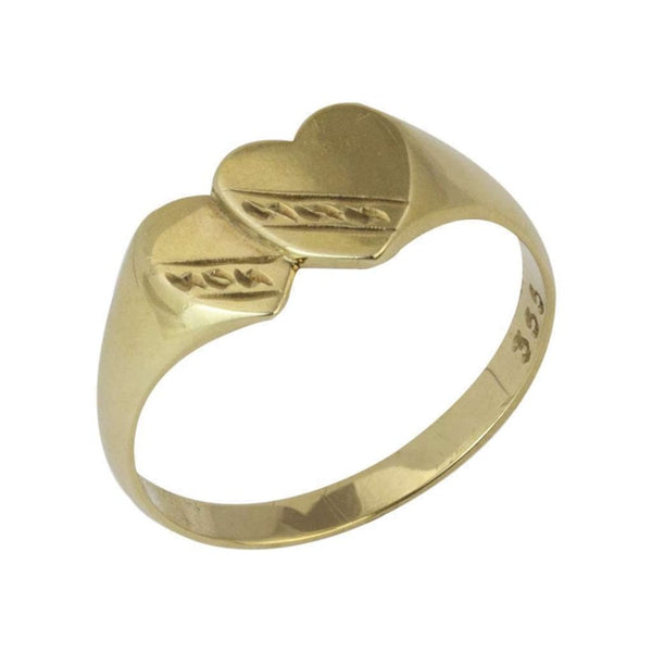 Finnies The Jewellers Childs 9ct Yellow Gold Engraved Double Heart Signet Rings