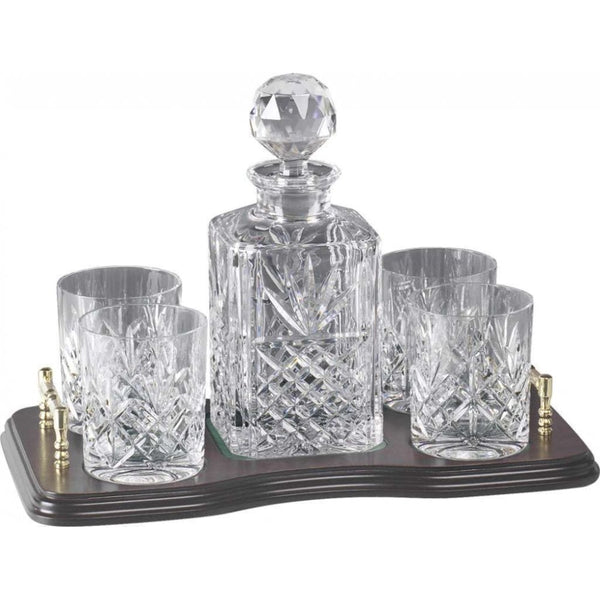 Finnies The Jewellers Decanter and Four Whiskey Glasses on Brass Handled Tray