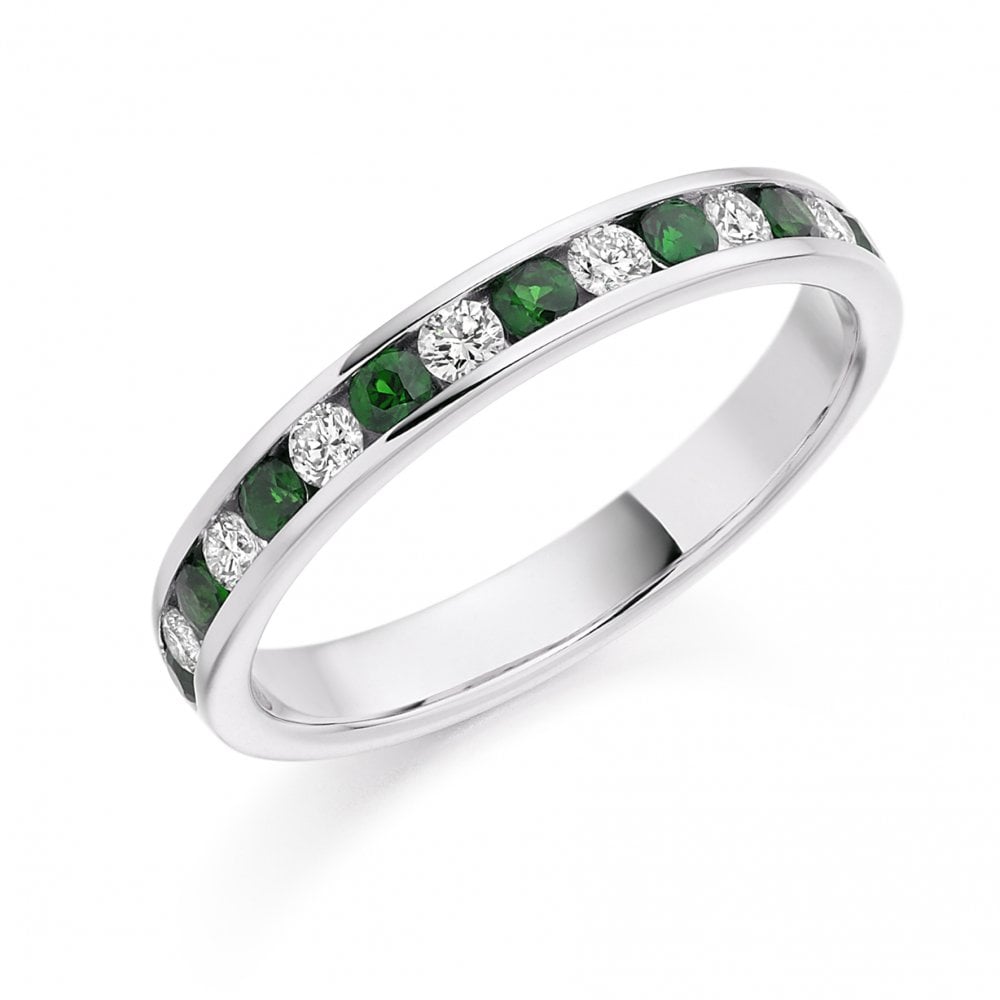 Platinum Emerald & Diamond Round Brilliant Cut Straight Ring