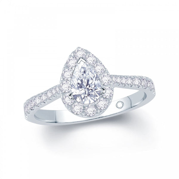 Finnies The Jewellers Platinum Solitaire Pear Diamond Halo Ring 0.90ct