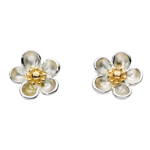 Finnies The Jewellers Silver and Yellow Gold Plated Blossom Wood Rose Stud Earrings