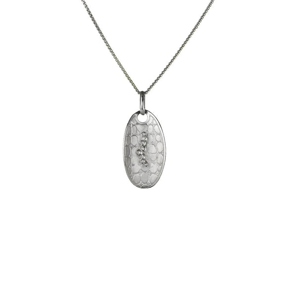 Finnies The Jewellers Silver & Diamond Patterned Oval Pendant with Rubover Diamonds