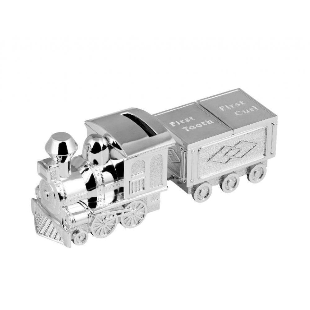 Silver Plated Train Money Box, First Tooth & Curl Box