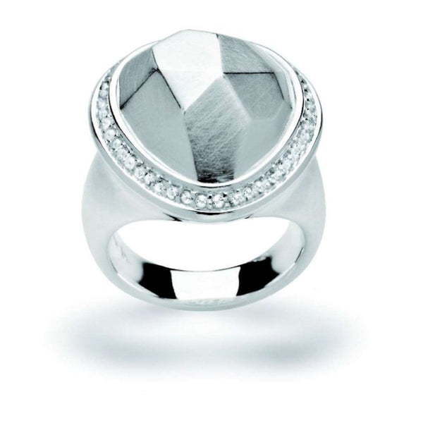 Finnies The Jewellers Silver Satin Scratch Finish Ring with Egg Shape Set White Topaz
