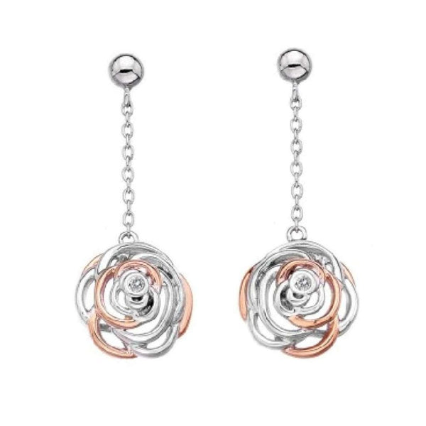 Finnies The Jewellers Sterling Silver Rose Gold Plated Diamond Rose Drop Earrings