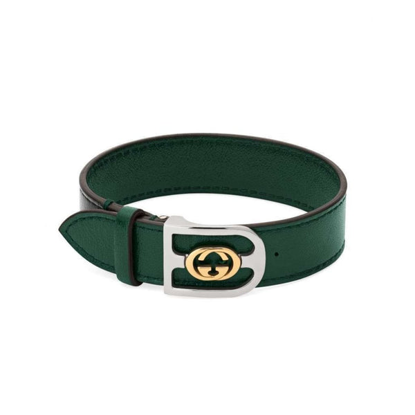 Gucci Interlocking G Bracelet Green Leather 18ct Yellow Gold In