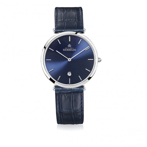 Michel Herbelin Epsilon Stainless steel case. Blue dial. Blue leather strap.