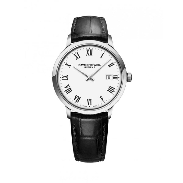 Raymond Weil Toccata Stainless steel case, white dial, black leather strap.